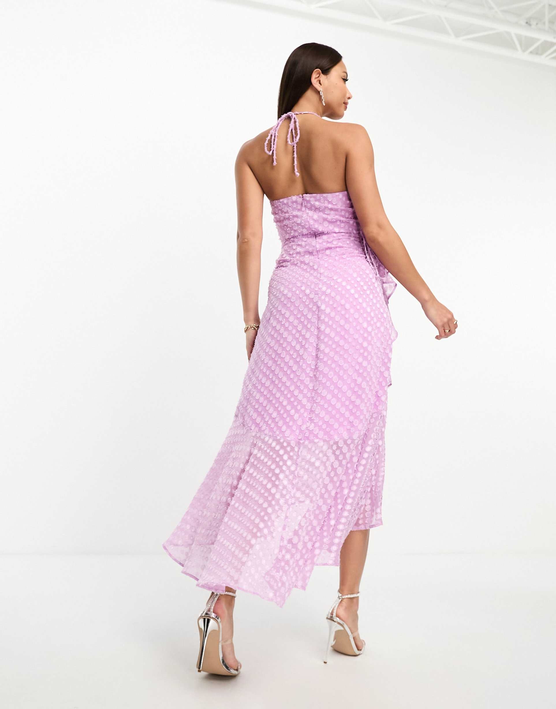 asos design tall cowl neck frill detail hi low hem midi slip dress with tie side in textured lilac