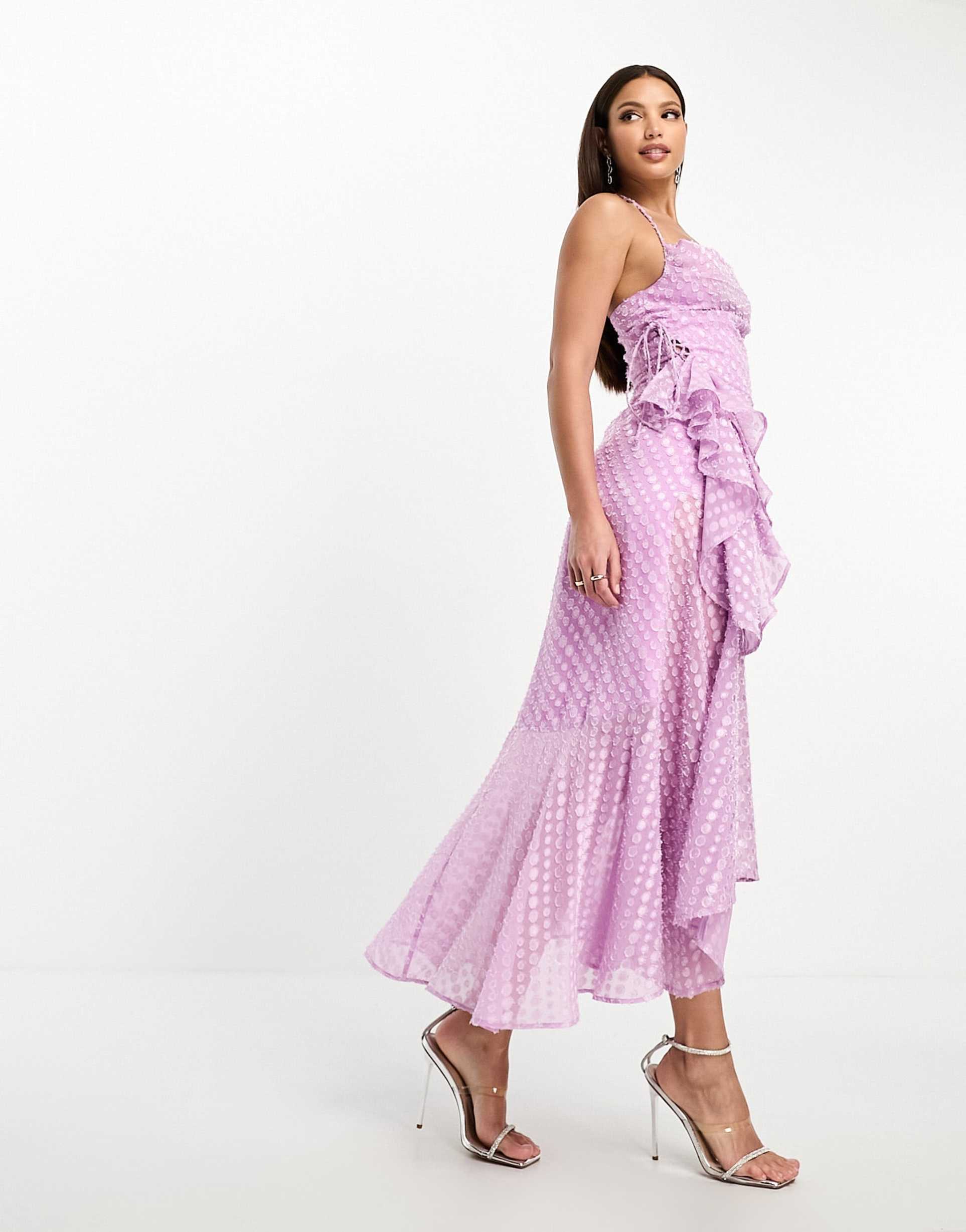 asos design tall cowl neck frill detail hi low hem midi slip dress with tie side in textured lilac