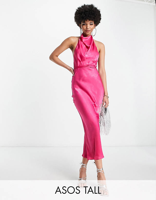 ASOS DESIGN Tall cowl neck halter midi with tie wrap waist in bright pink