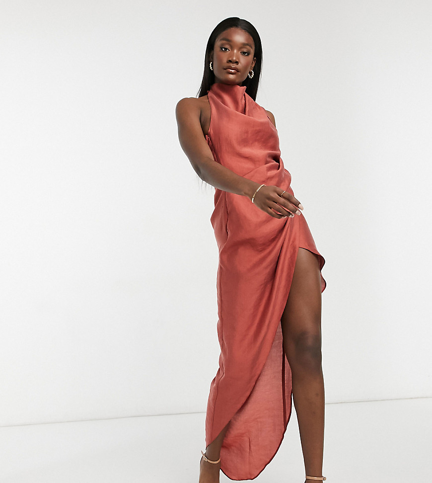 ASOS DESIGN Tall cowl neck maxi dress with open back in textured crepe in rust