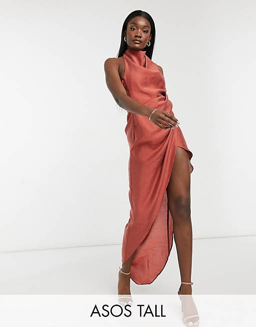  Tall cowl neck maxi dress with open back in textured crepe in rust 