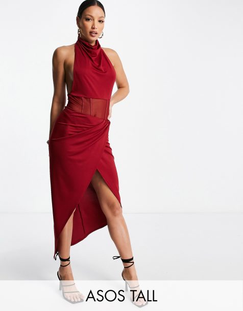 ASOS DESIGN Tall cowl neck mesh corset midi dress in burgundy - view 1