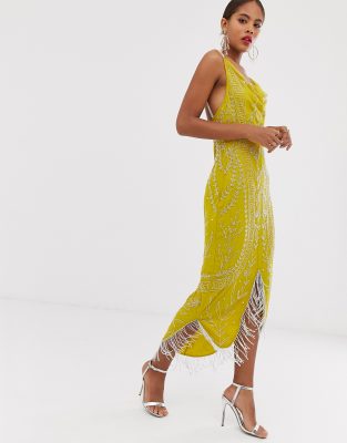 asos yellow fringe dress