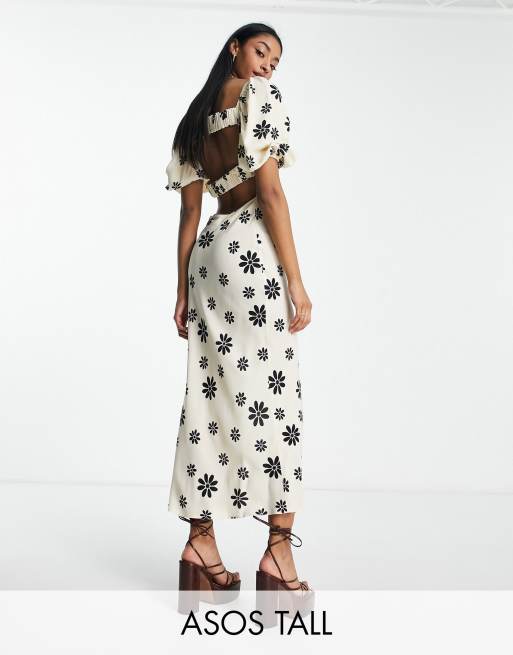ASOS DESIGN Tall - Cremefarvet midikjole i sort blomstermønster med firkantet hals og elastisk detalje 