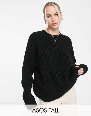 Shop Asos Tall Asos Design Tall Crew Neck Chunky Rib Sweater In Black