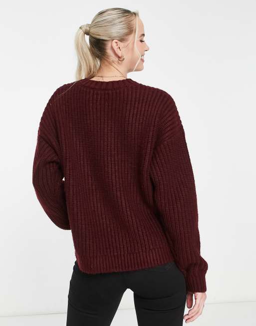 ASOS DESIGN Curve knitted top with scoop neck with rib bust detail in dark  red