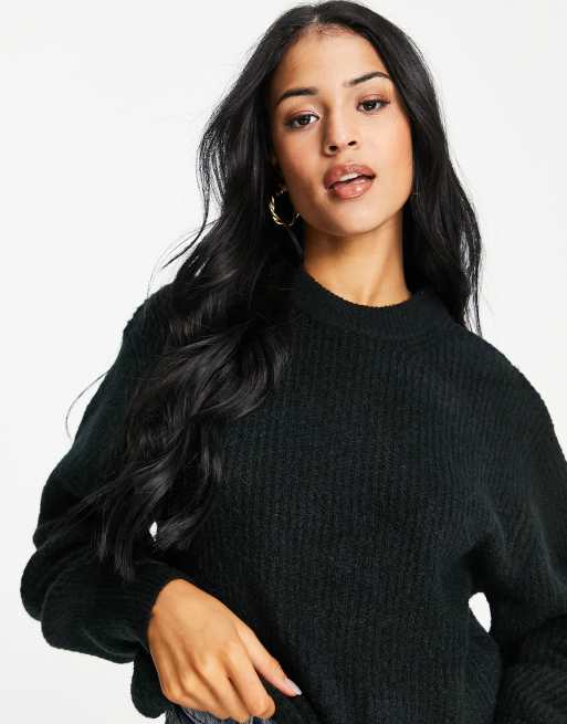 ASOS DESIGN Tall crew neck jumper in rib with fluffy yarn in black