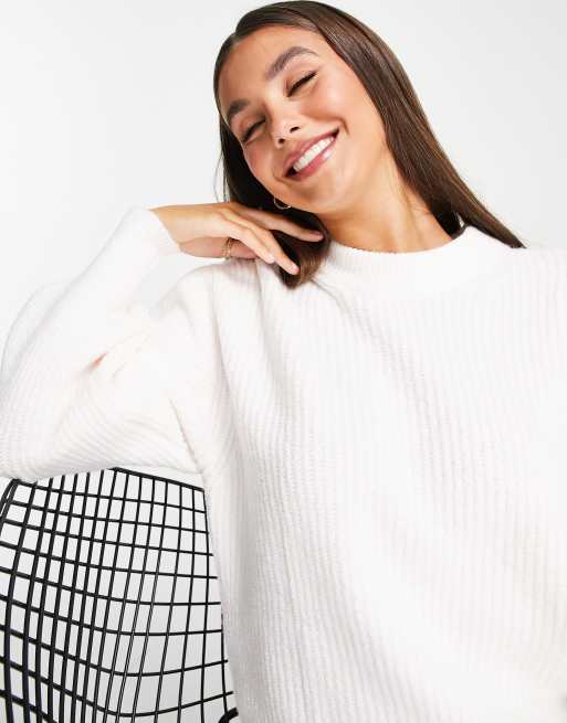 ASOS DESIGN Tall crew neck jumper in rib with fluffy yarn in cream, 3 of 4