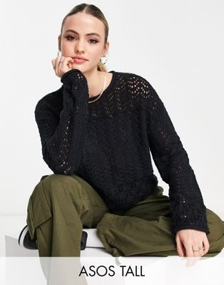 Asos Tall Asos Design Tall Crew Neck Sweater In Mixed Pointelle Stitch In Black
