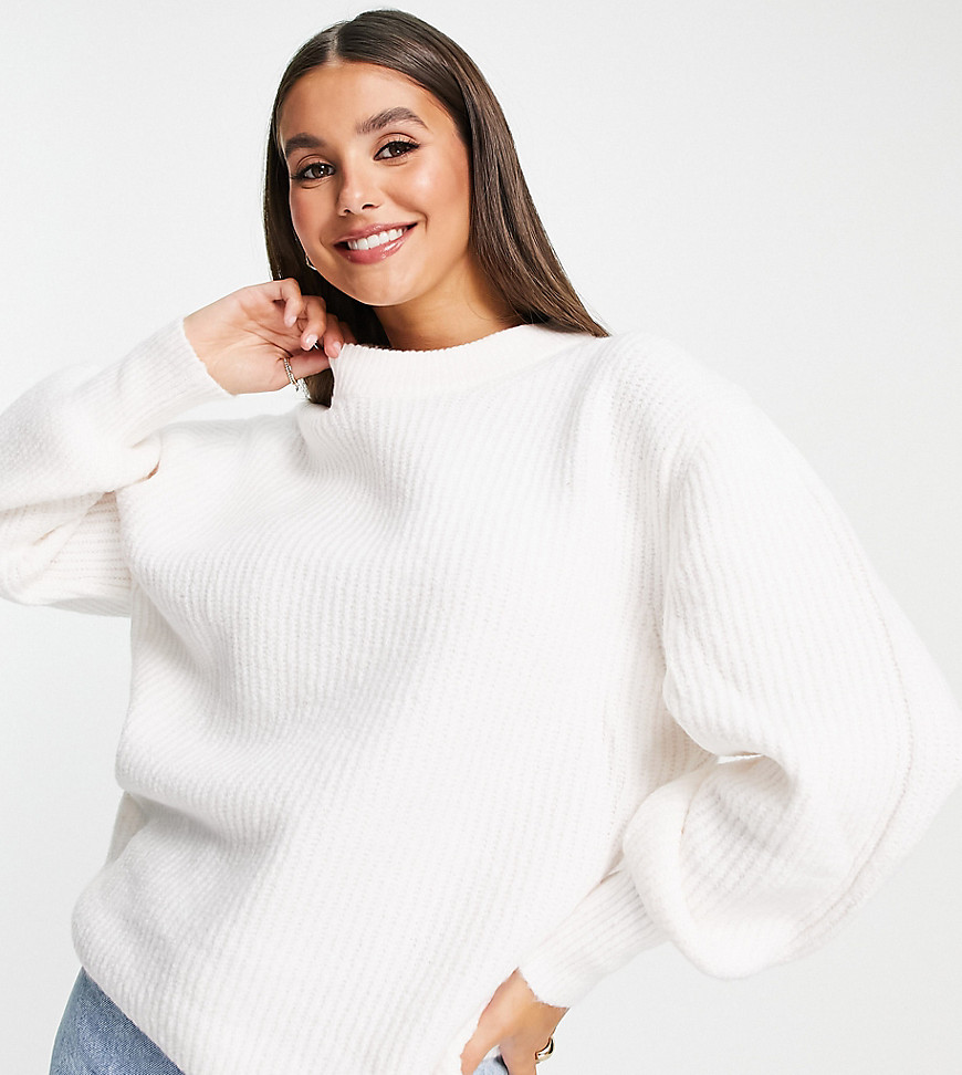 ASOS DESIGN Tall crew neck sweater in rib with fluffy yarn in cream-White