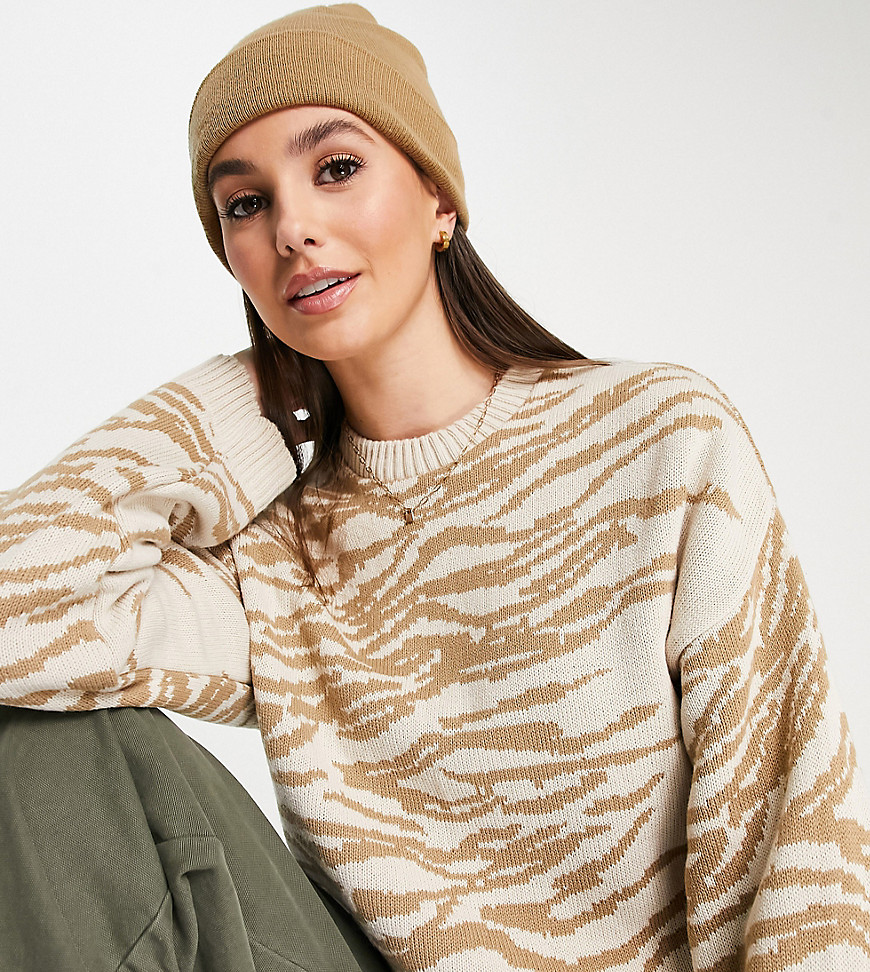 ASOS DESIGN Tall crew neck sweater with animal pattern in beige-Neutral