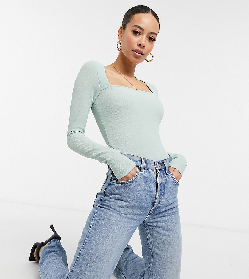ASOS DESIGN Tall crinkle bodysuit with ultra square neck in sage green