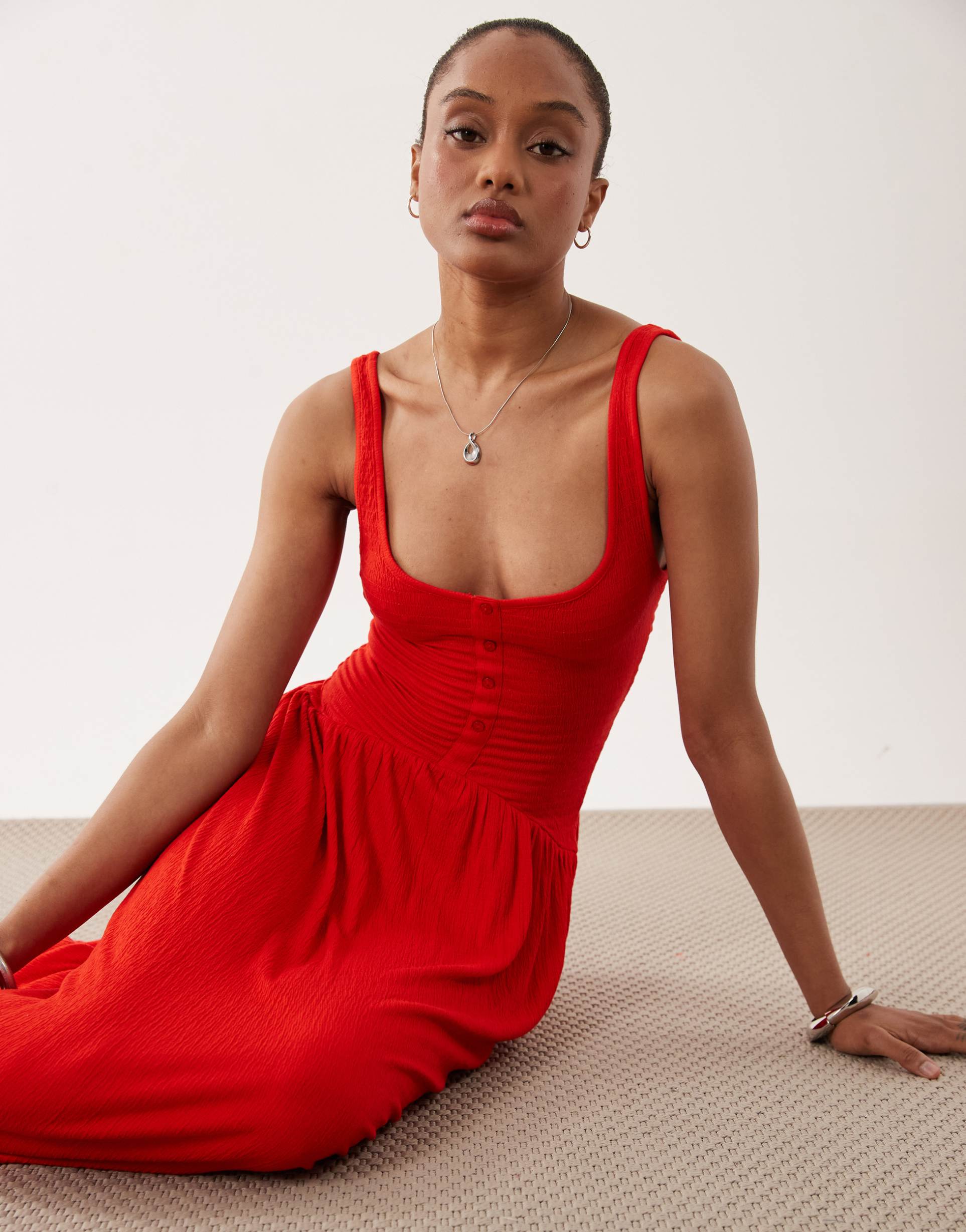 asos design tall crinkle button up midi dress in red