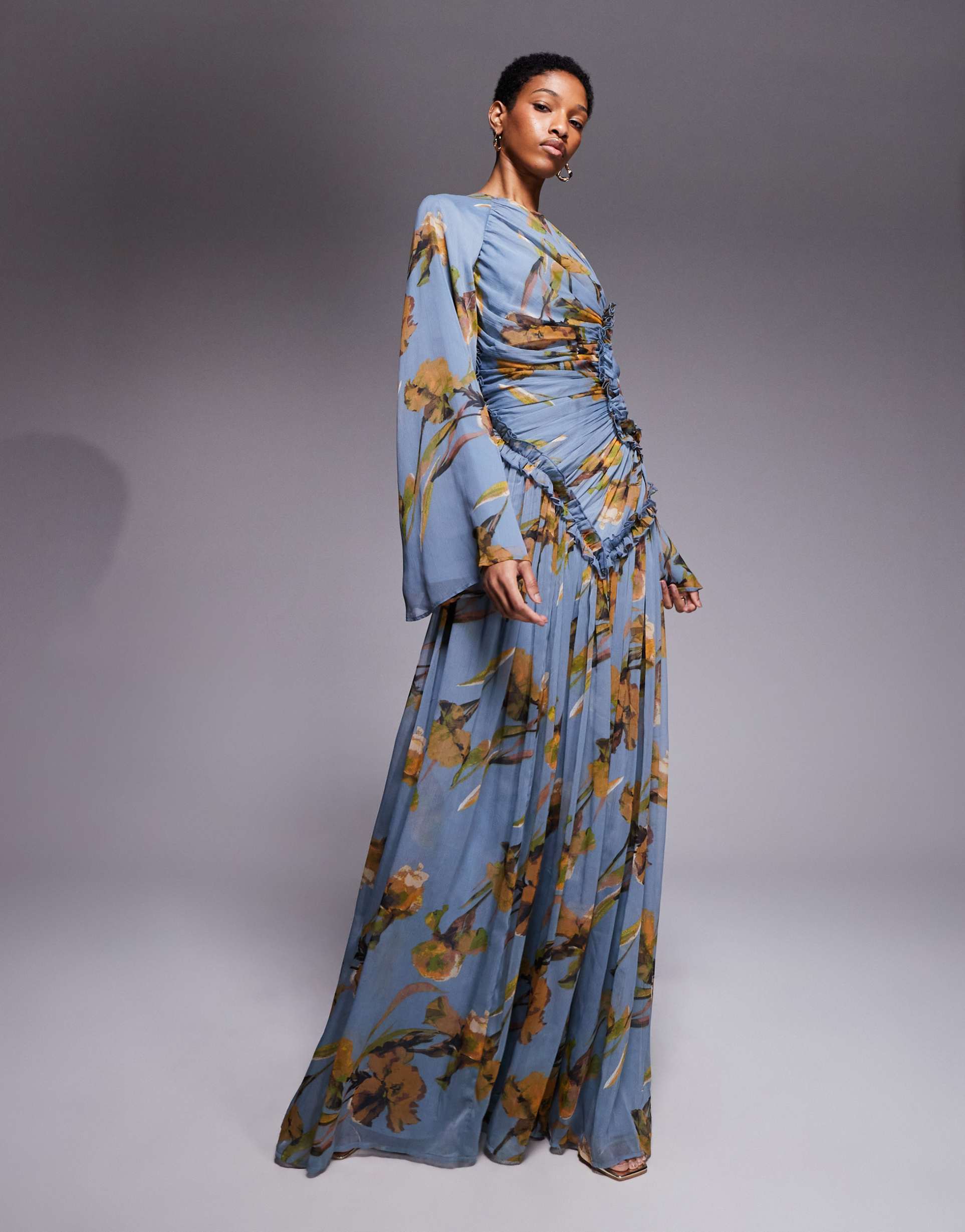 asos design tall crinkle chiffon gathered maxi dress with micro ruffles in blue floral print