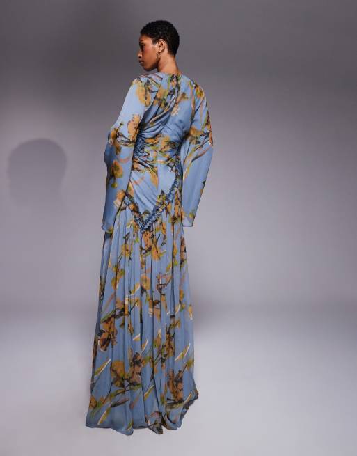 ASOS DESIGN Tall crinkle chiffon gathered maxi dress with micro ruffles in blue floral print, 3 of 4