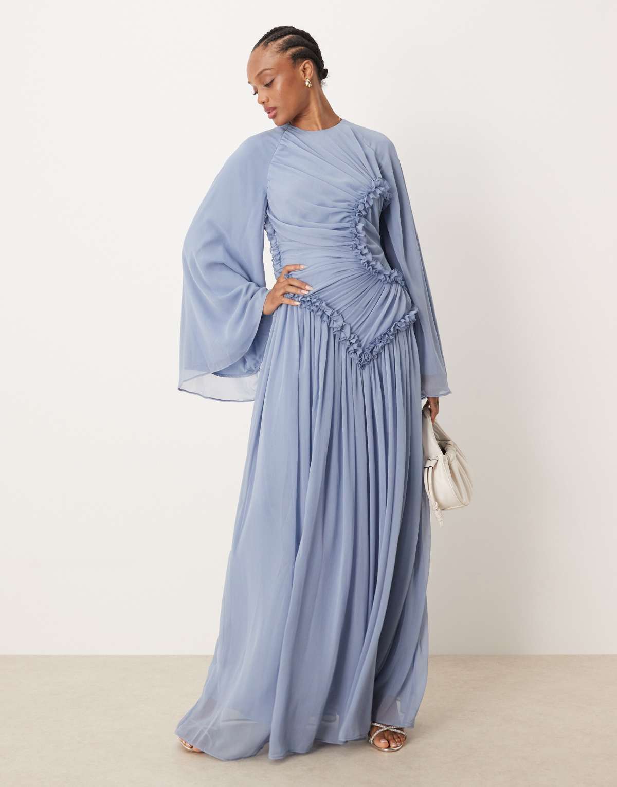 ASOS DESIGN Tall crinkle chiffon gathered maxi dress with micro ruffles in blue