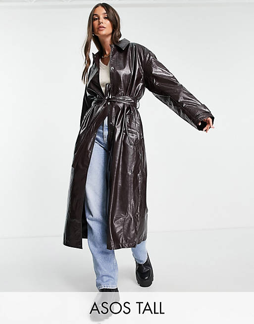 ASOS DESIGN Tall crinkle faux leather trench coat in oxblood