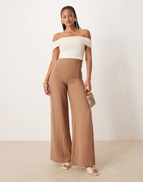 ASOS DESIGN Tall crinkle linen blend high waisted corset waist pants in taupe - view 1