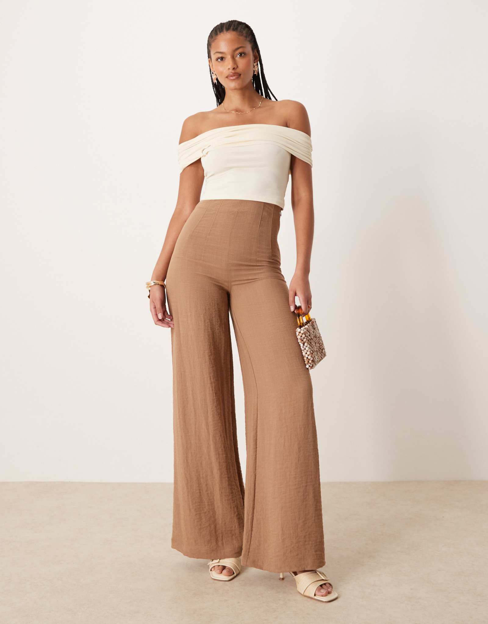 Льняные брюки ASOS DESIGN с завышенной талией серо-коричневые