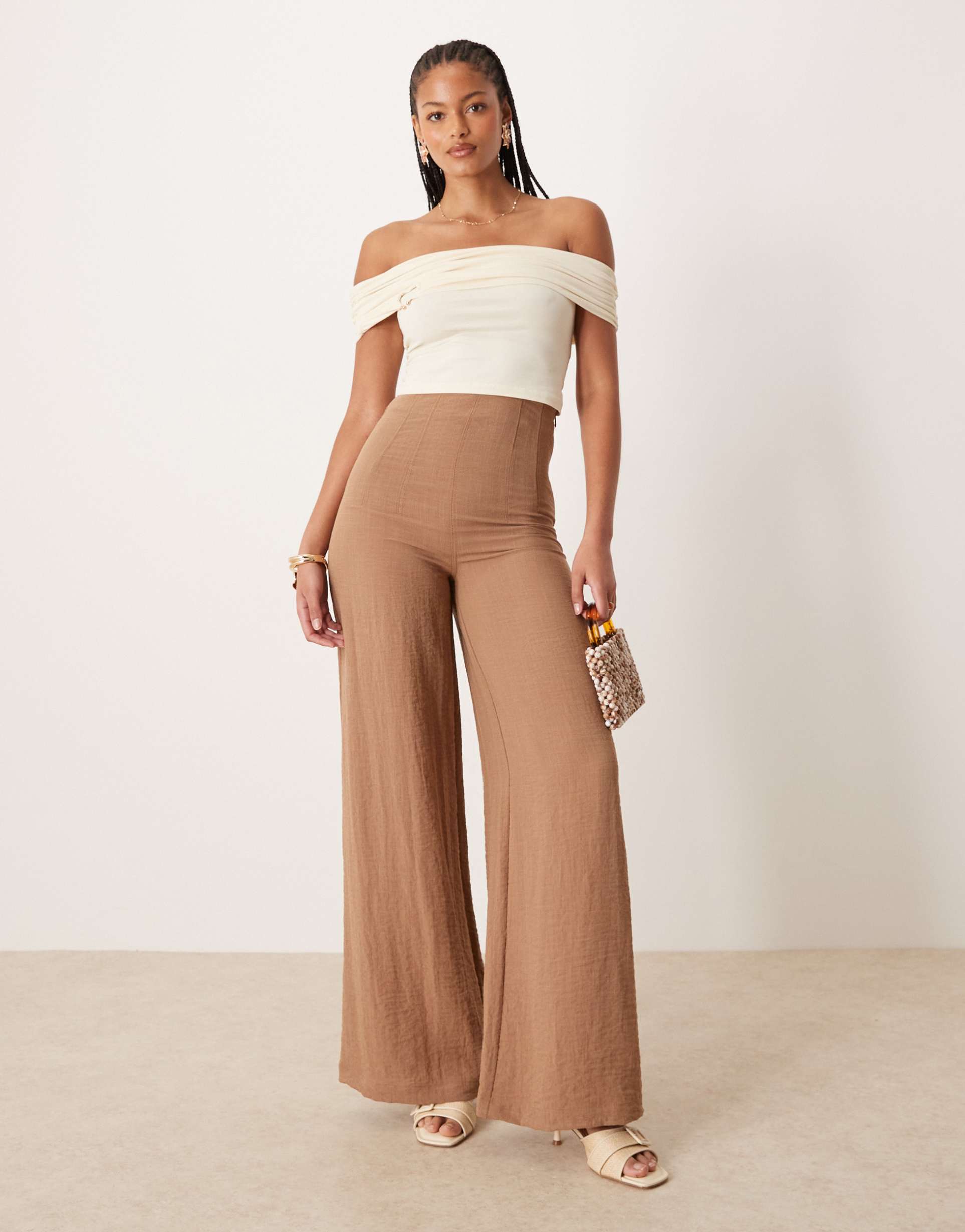 asos design tall crinkle linen blend high waisted corset waist pants in taupe