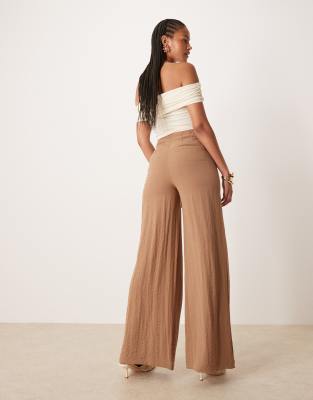 Asos Design Tall Crinkle Linen Blend High Waisted Corset Waist Pants In Brown