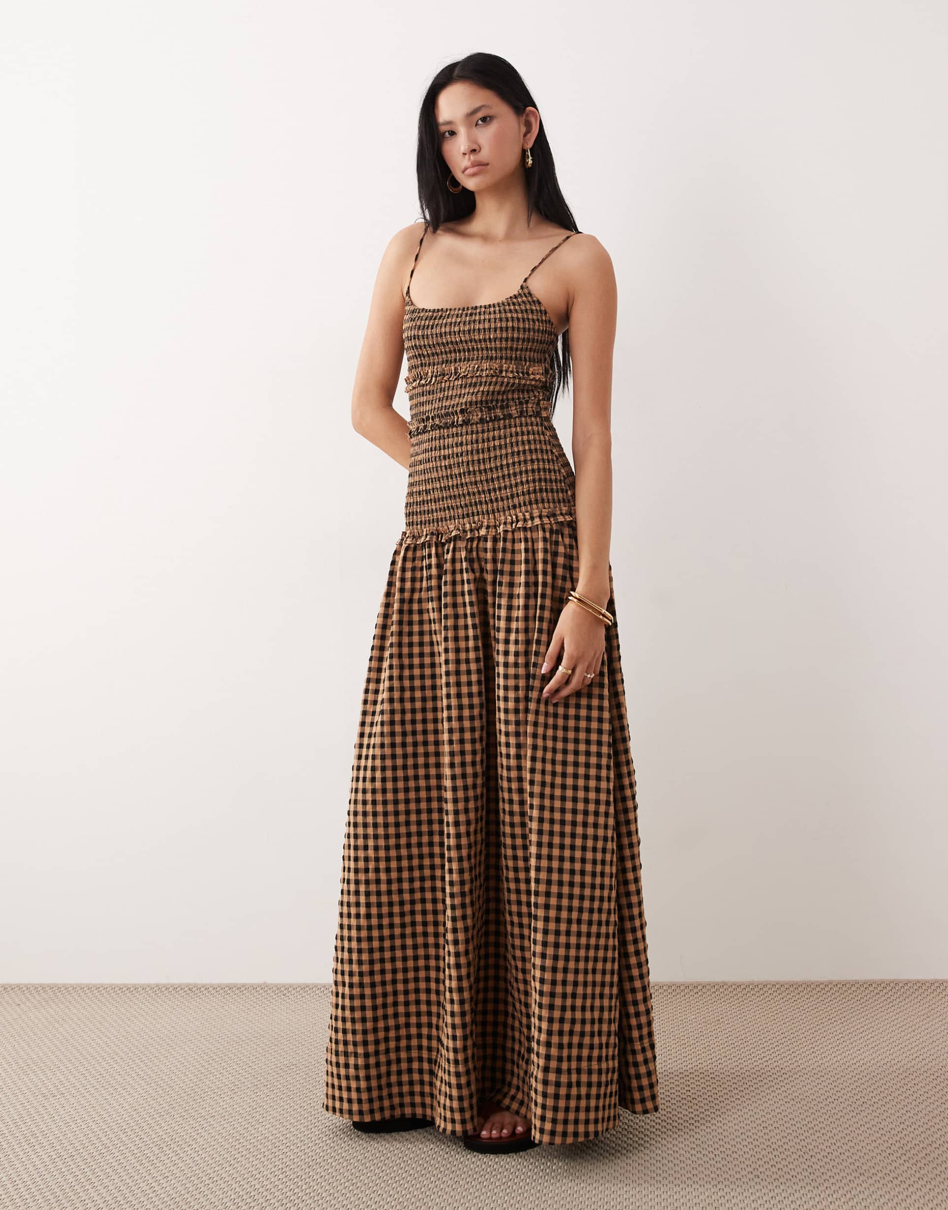 asos design tall crinkle maxi dress with shirred dropped waist in navy and tan gingham