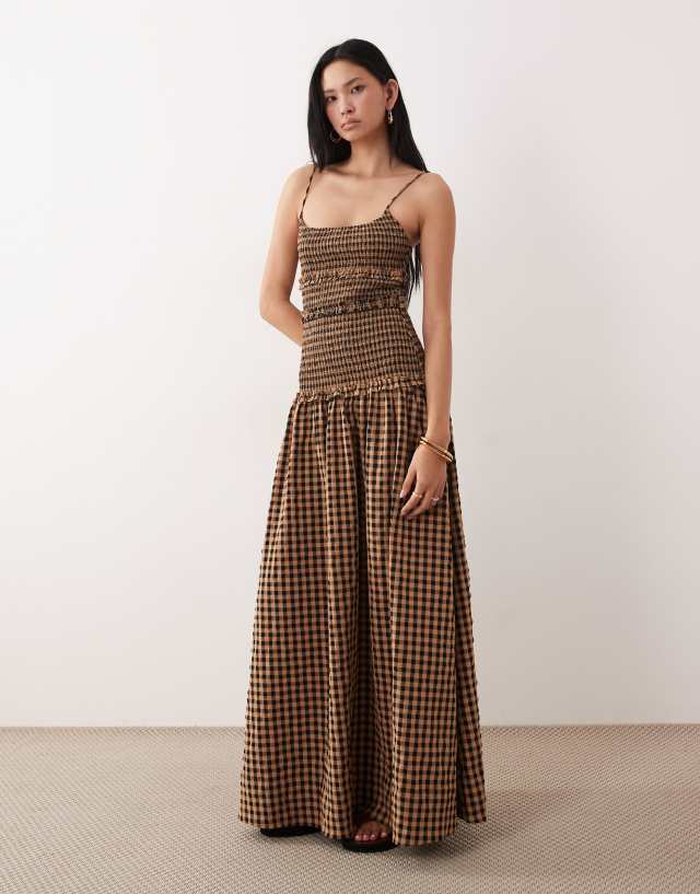 brown gingham drop waist dress ASOS - Crinkle Maxi - Women - Polyester/Spandex - 16 US Size:Us Size 14