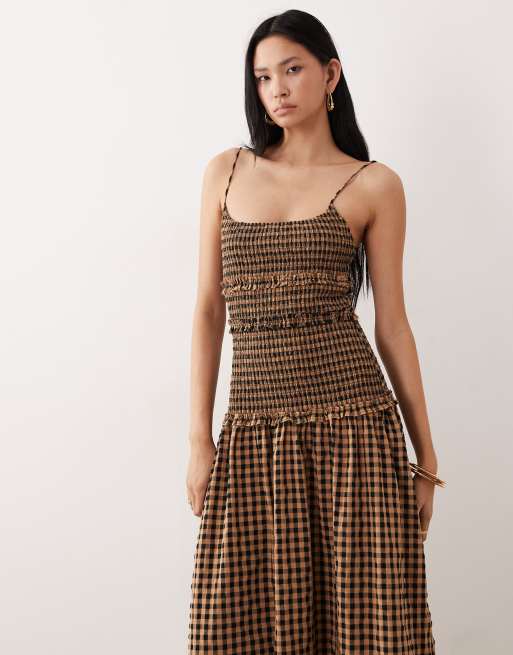 brown gingham drop waist dress Short Sleeve Brown Gingham Mini Dress