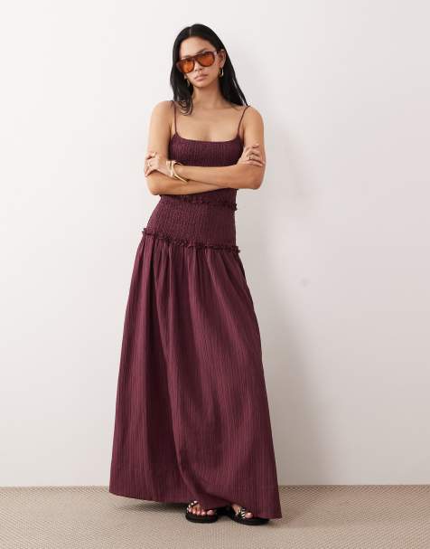 ASOS DESIGN Tall crinkle maxi dress with shirred dropped waist in plum - view 1