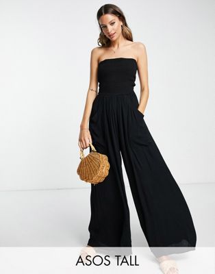 ASOS DESIGN Tall crinkle rayon strapless slouch jumpsuit in black