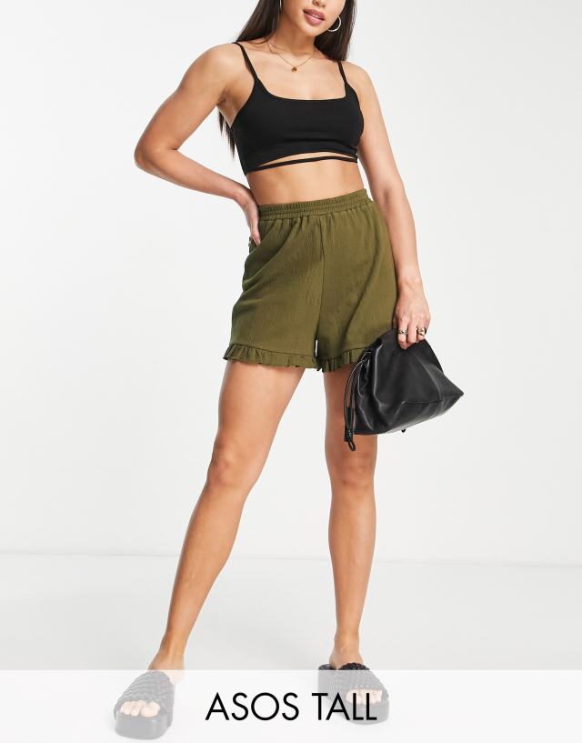 ASOS DESIGN Tall crinkle short in cotton with ruffle hem in khaki