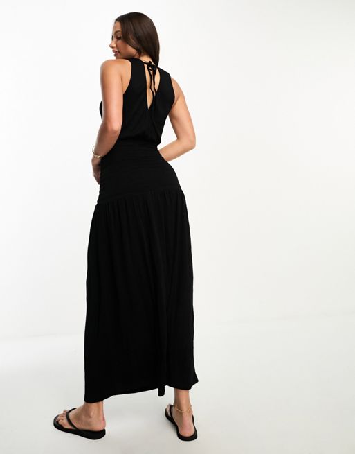 ASOS DESIGN Curve cotton shirred wrap midi smock dress in black