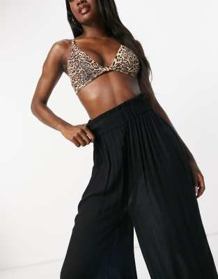 ASOS DESIGN petite crinkle wide leg palazzo beach pant in black