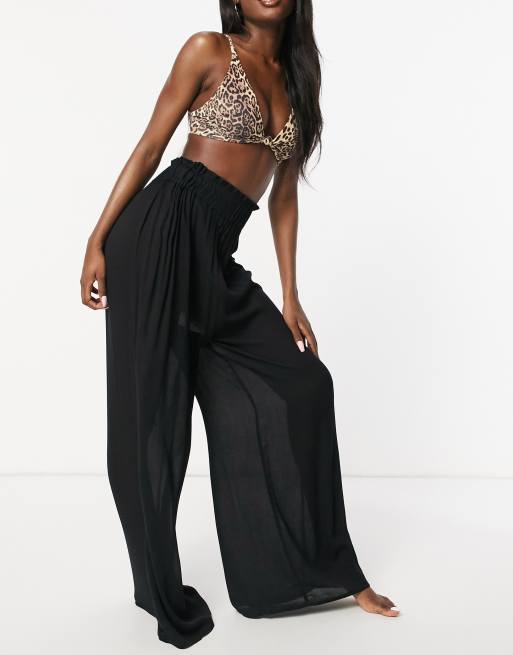 ASOS DESIGN petite crinkle wide leg palazzo beach pant in black