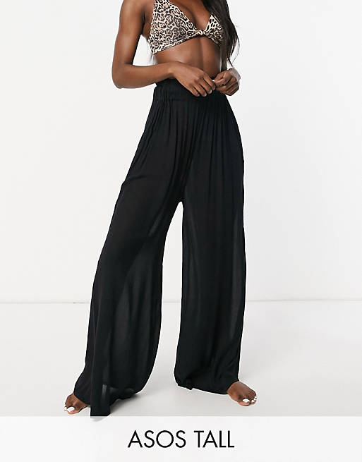 Women tall crinkle wide leg palazzo beach trouser in black 