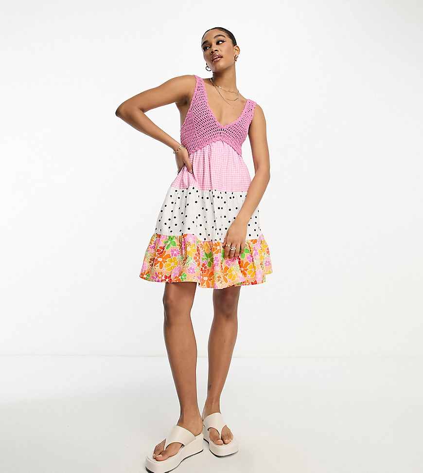 ASOS DESIGN Tall crochet babydoll mini dress in pink mixed print-Multi