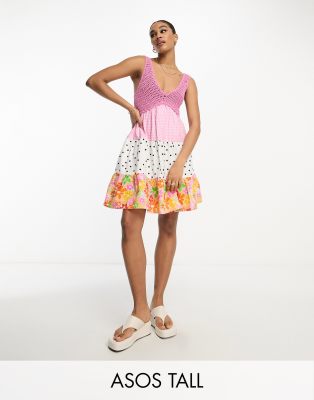 asos design tall crochet babydoll mini dress in pink mixed print