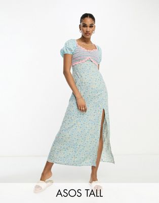 ASOS DESIGN Tall crochet bardot midi dress in blue floral print