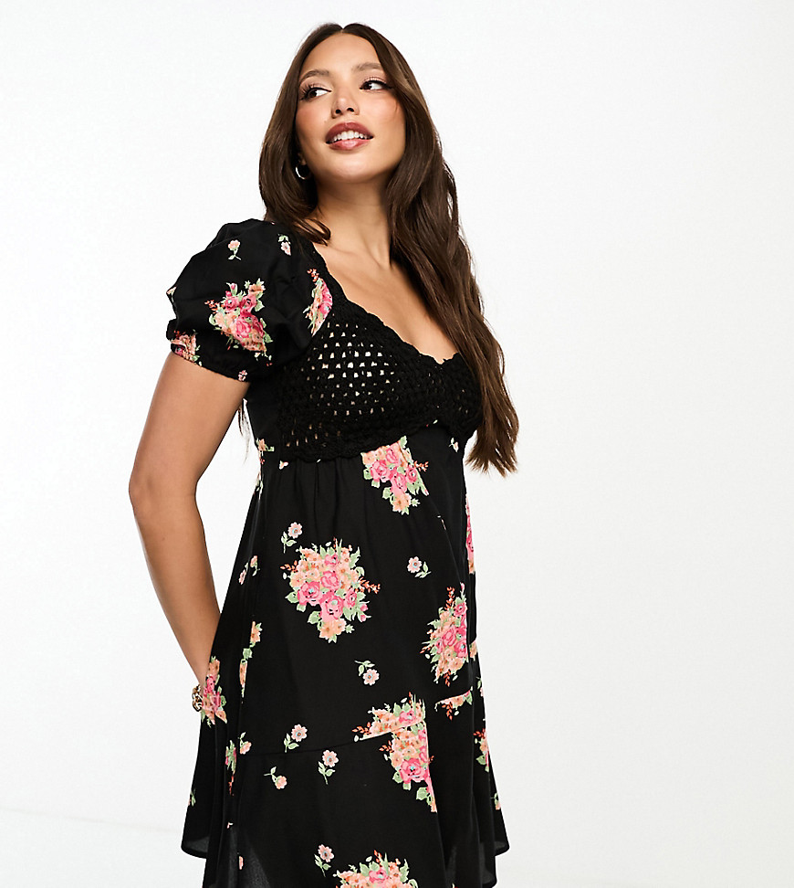 ASOS DESIGN Tall crochet bardot mini dress in dark floral print-Multi