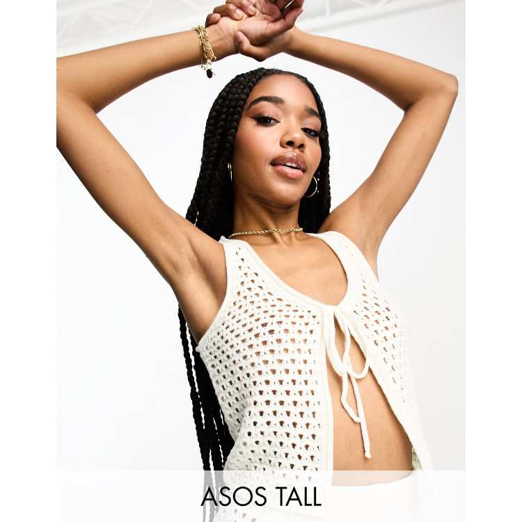 ASOS DESIGN long sleeve top with patchwork crochet detail and tassel tie in  white