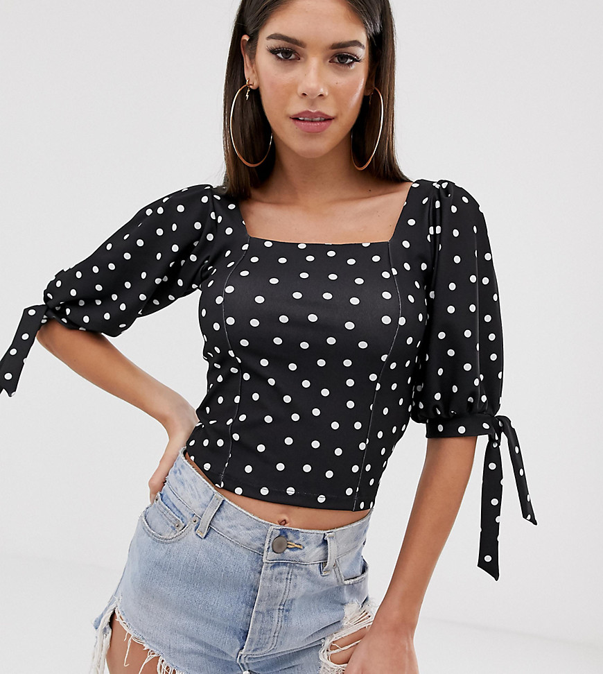 ASOS DESIGN Tall crop square neck top with tie cuff in spot print-Black