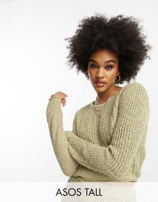 ASOS DESIGN Tall crop sweater in textured ladder stitch in khaki - part of a set-Green