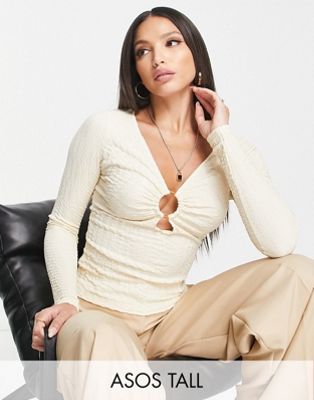 ASOS DESIGN Tall crop texture top with ring detail in stone-Neutral