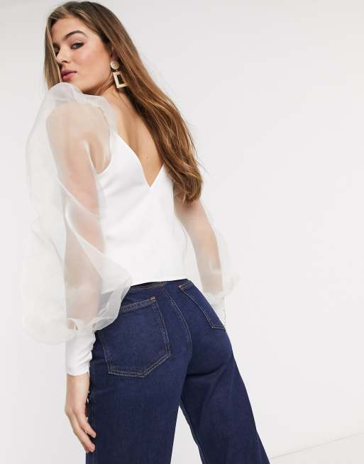ASOS DESIGN Tall crop top with organza sleeve and v bar detail in Ivory, 2 of 4