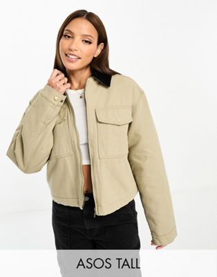 ASOS DESIGN Tall cropped canvas jacket in oat | ASOS