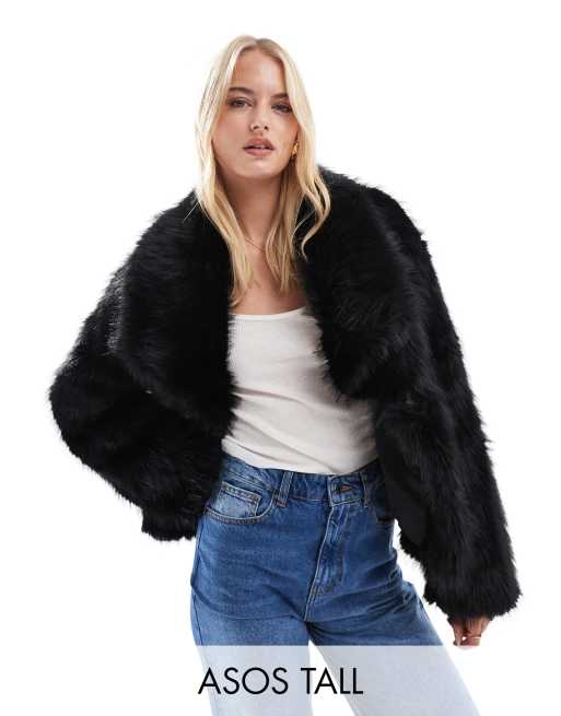 ASOS DESIGN Tall cropped faux fur jacket in black