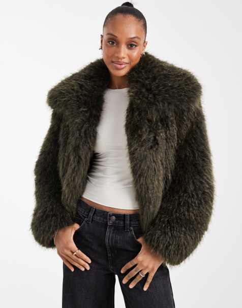 ASOS DESIGN Tall cropped faux fur jacket in khaki green - view 1