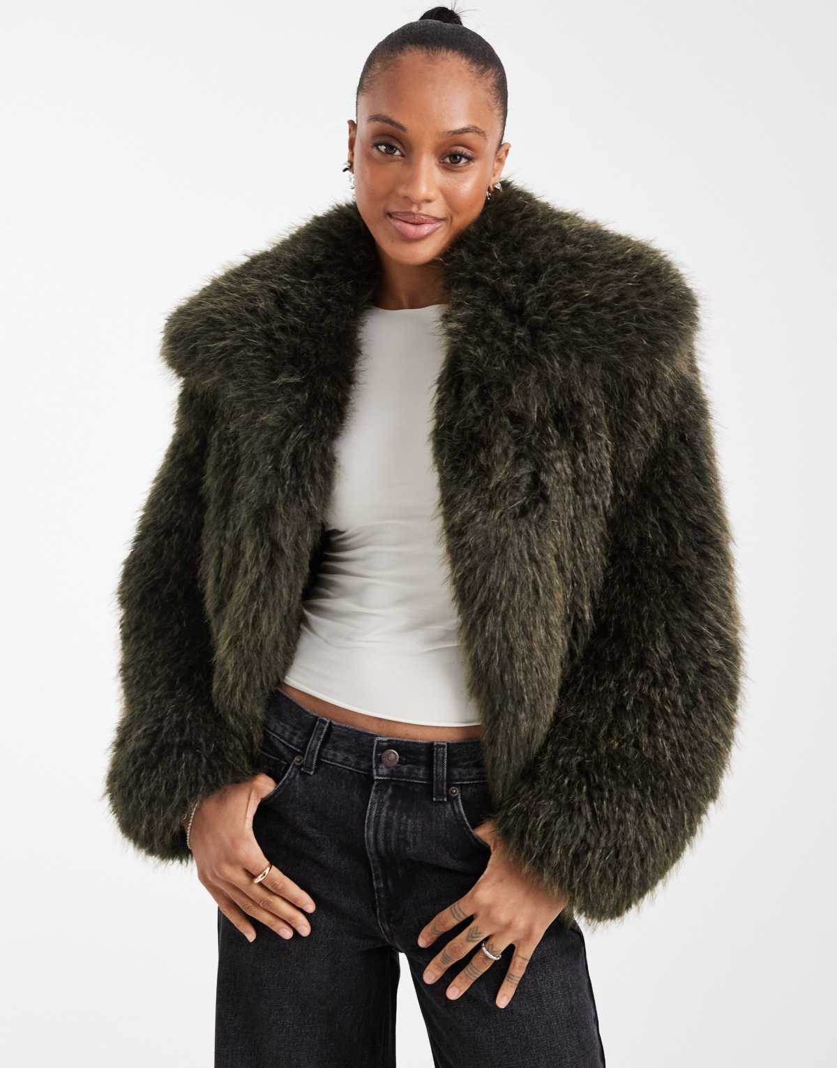 ASOS DESIGN Tall cropped faux fur jacket in khaki