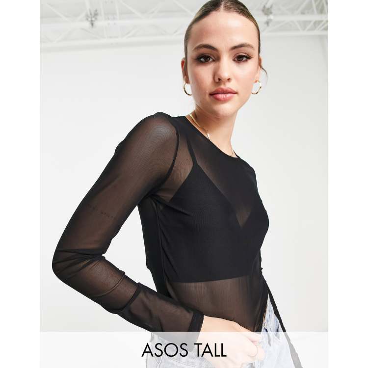 ASOS DESIGN Tall cropped long sleeve mesh top in black