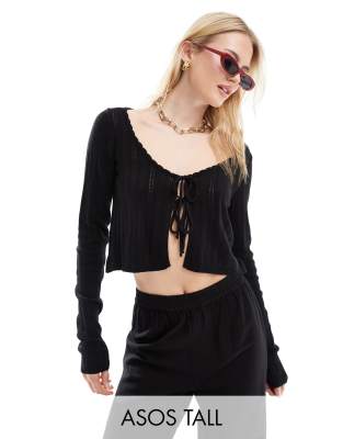 ASOS DESIGN Tall - Cropped sort cardigan i pointelle-strik med bindefront
